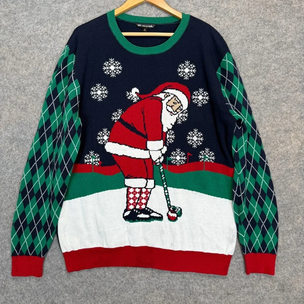 Travis Mathew Santa Golfing Ugly Christmas Sweater Mens 2XL Graphic Limited Rare
